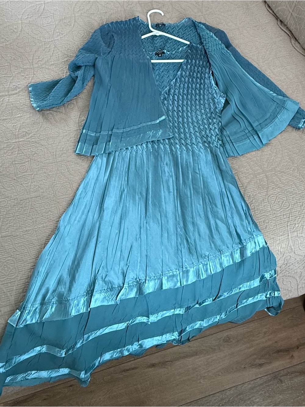 Komarov Teal Two-Piece Pleated Maxi Dress and Jacket
